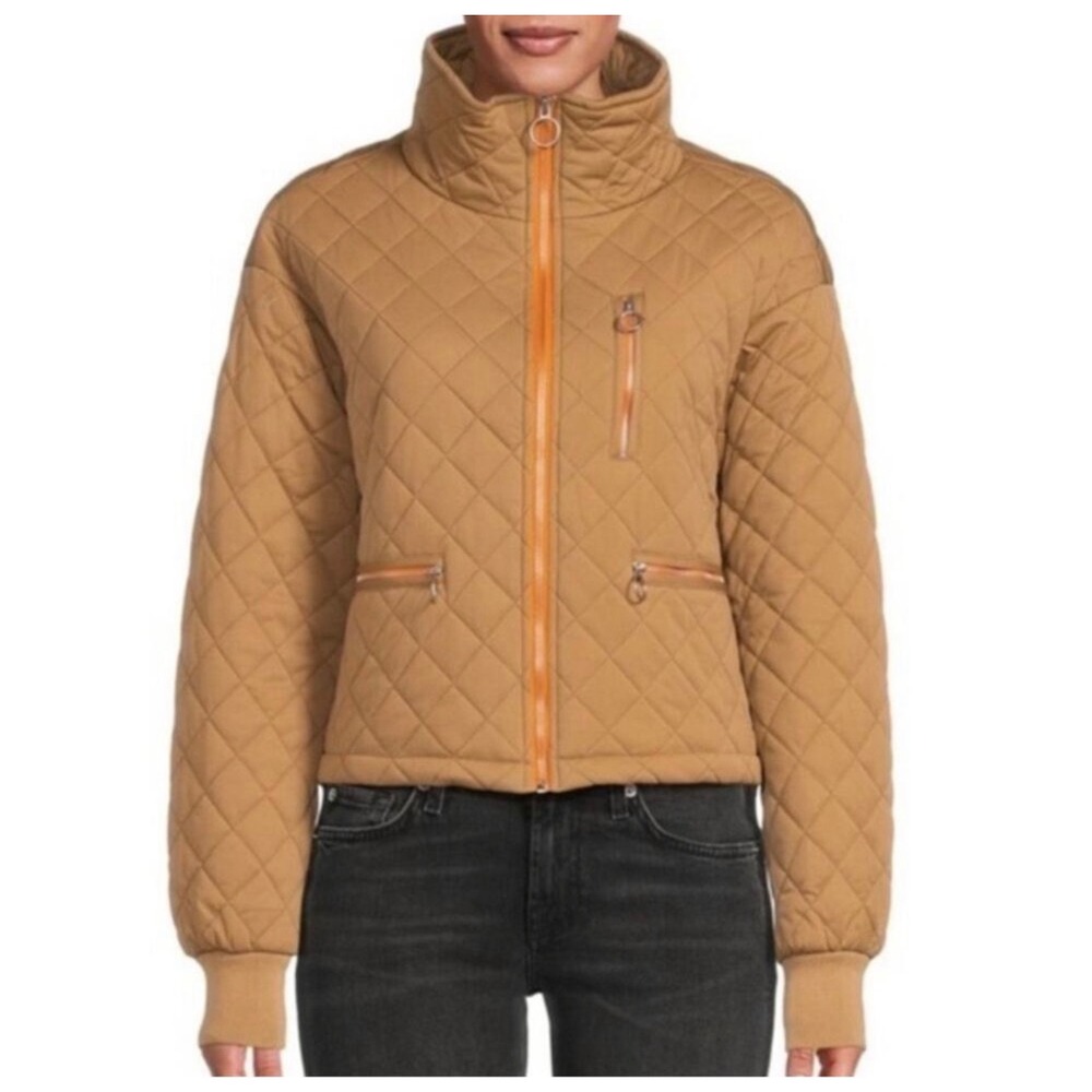 Avec Les Filles Tan Quilted Puffer Jacket Orange Zip Cropped Womens XS Anthro